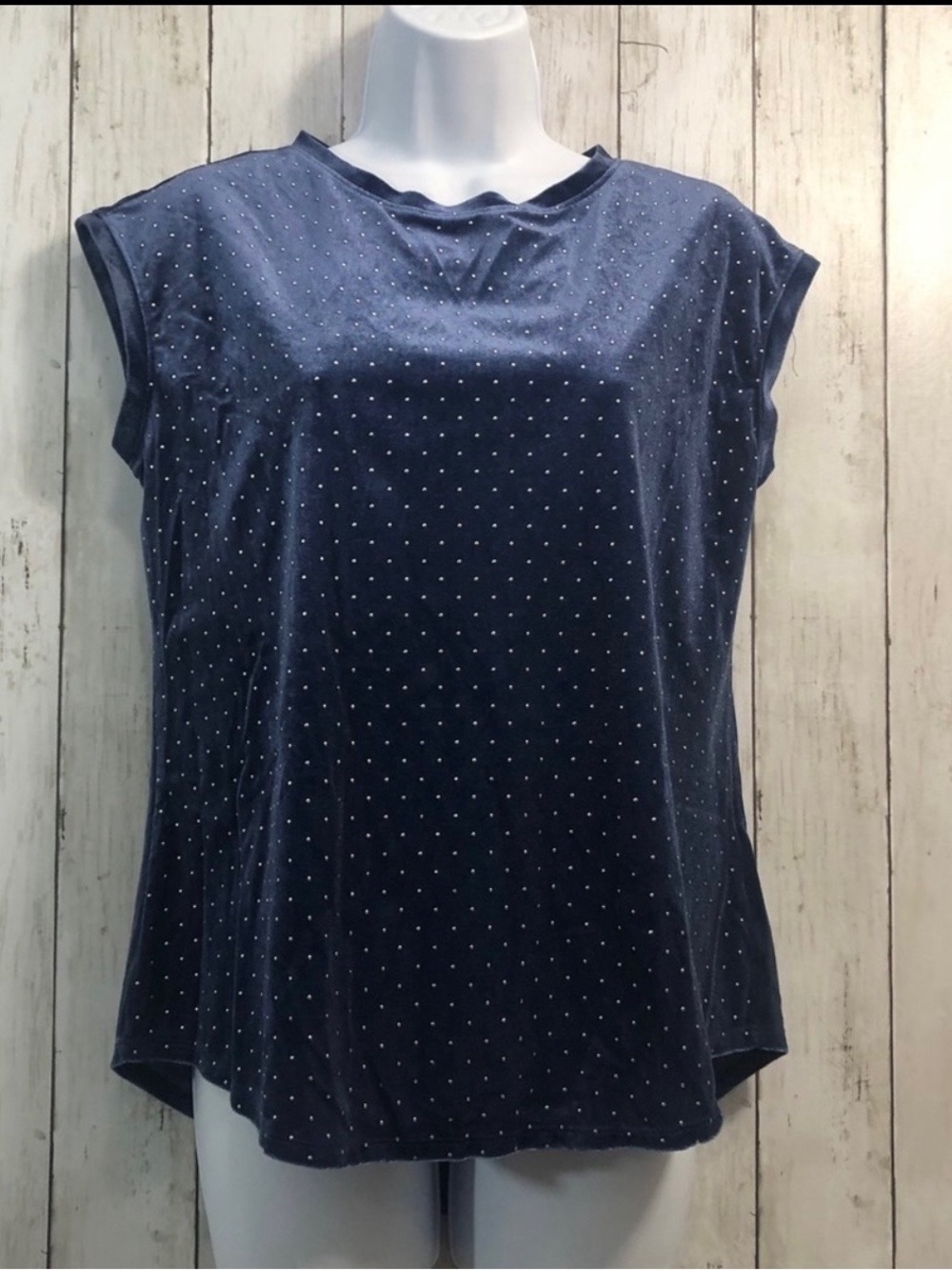 Elle Crepe Knit Velvet Tee NWT Small Navy Polka Dot Cap